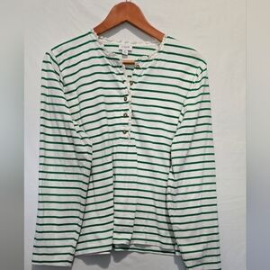 XL J. Crew Green & Cream Striped Women's  Henley Top Long Sleeve Ruffles GUC
